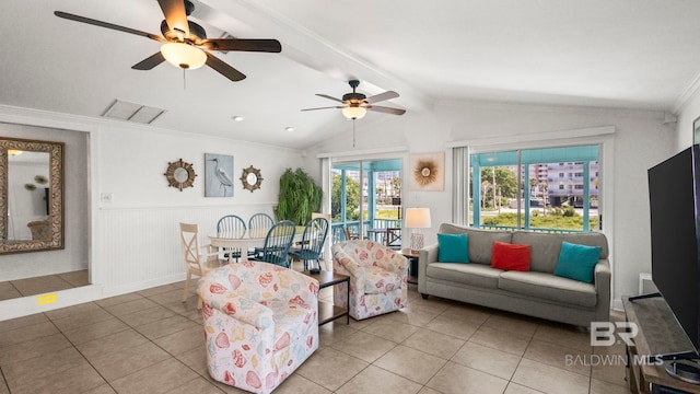 331 E 2nd Ave, Gulf Shores, AL 36542 - tiled living area featuring ceiling fan, ornamental molding, and a wainscoted wall