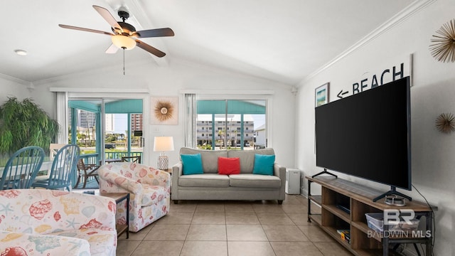 331 E 2nd Ave, Gulf Shores, AL 36542 - tiled living room featuring a ceiling fan and crown molding