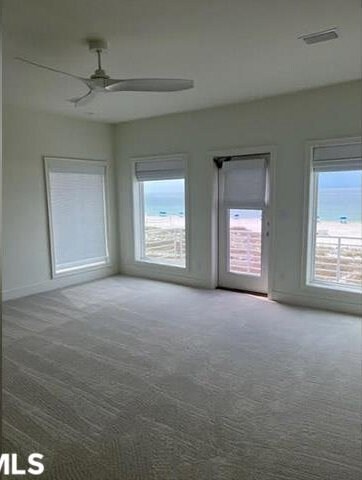 carpeted empty room featuring ceiling fan and a wealth of natural light