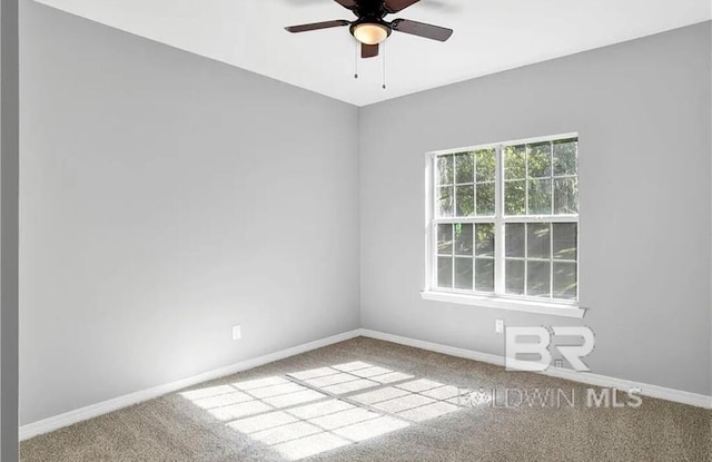 unfurnished room with ceiling fan and carpet flooring