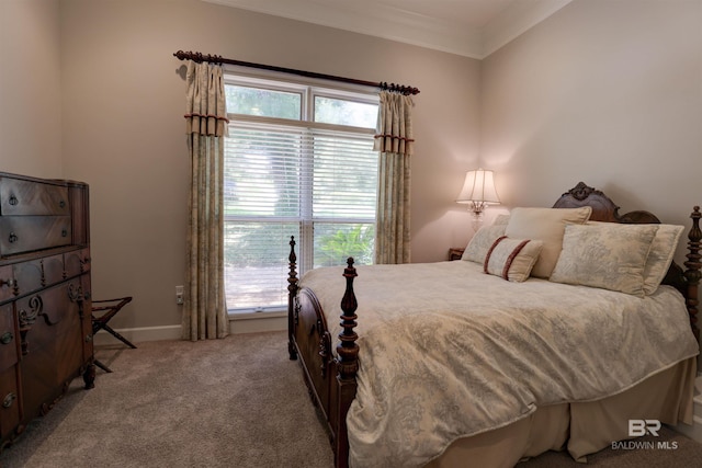 bedroom with ornamental molding, multiple windows, and carpet flooring