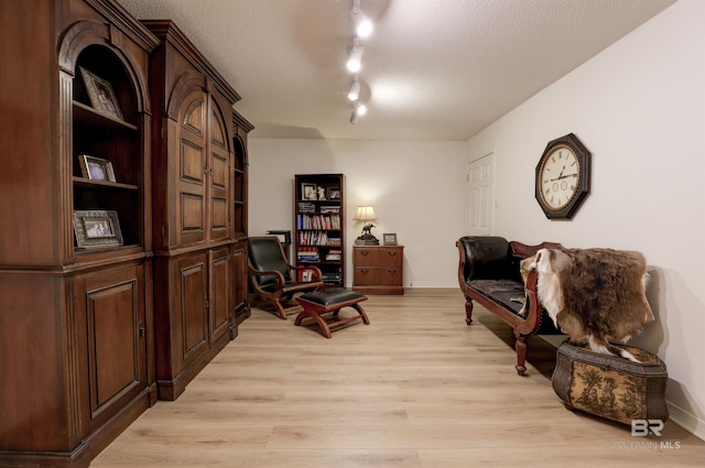 living area with light hardwood / wood-style floors, rail lighting, and a textured ceiling