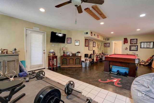 interior space featuring ceiling fan, tile patterned flooring, and pool table