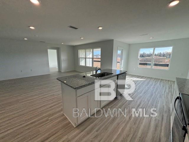 kitchen with hardwood / wood-style floors, range, dishwasher, white cabinetry, and sink