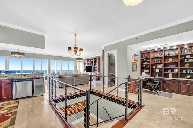 interior space with a chandelier, light tile patterned floors, ornamental molding, and an upstairs landing