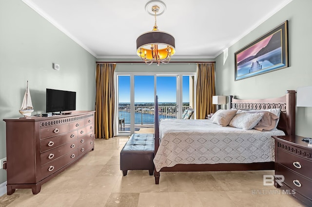 bedroom with access to outside, ornamental molding, and visible vents