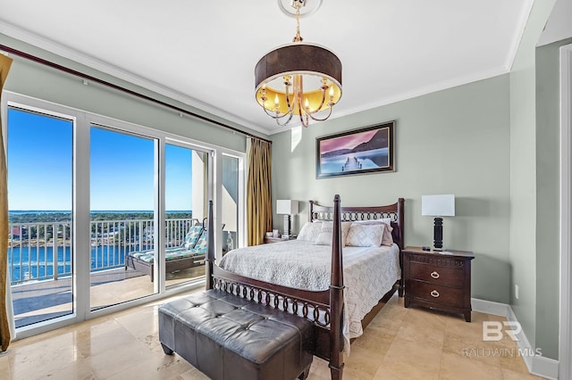 bedroom featuring a chandelier, access to outside, ornamental molding, and baseboards