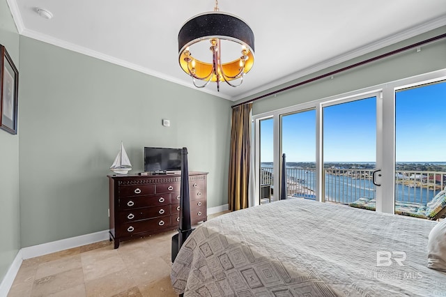 bedroom featuring access to exterior, baseboards, a chandelier, and crown molding