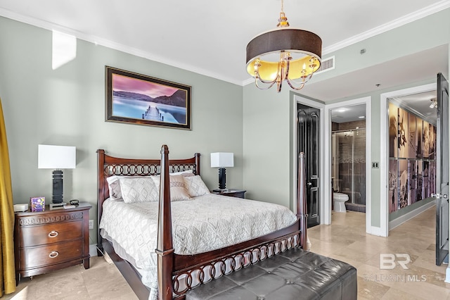 bedroom featuring an inviting chandelier, baseboards, visible vents, and crown molding