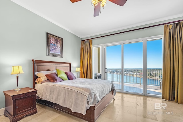 bedroom featuring ceiling fan, ornamental molding, a water view, and access to exterior