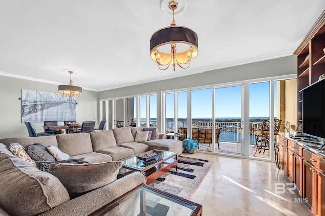 living room with a chandelier, light tile patterned flooring, and crown molding