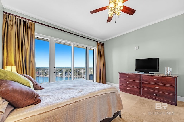 bedroom featuring baseboards, access to outside, a ceiling fan, and crown molding