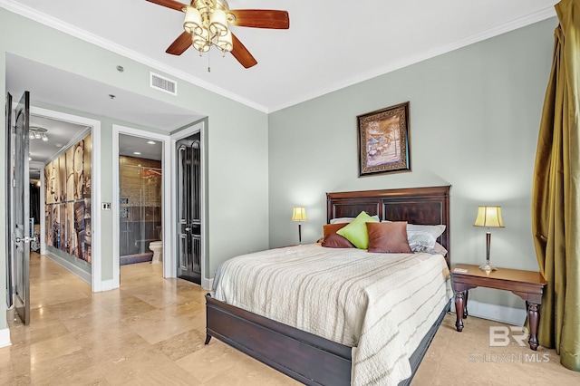 bedroom with connected bathroom, a ceiling fan, baseboards, visible vents, and crown molding