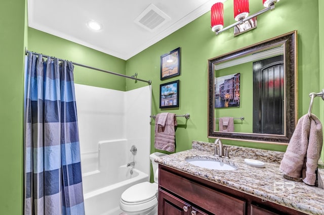 full bath with toilet, vanity, visible vents, shower / tub combo with curtain, and crown molding