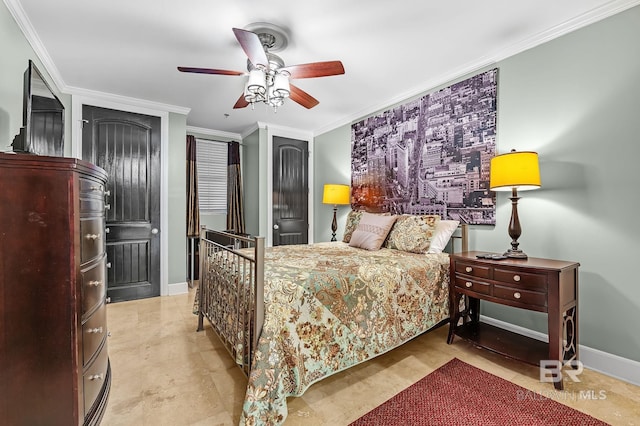 bedroom featuring crown molding, baseboards, and ceiling fan