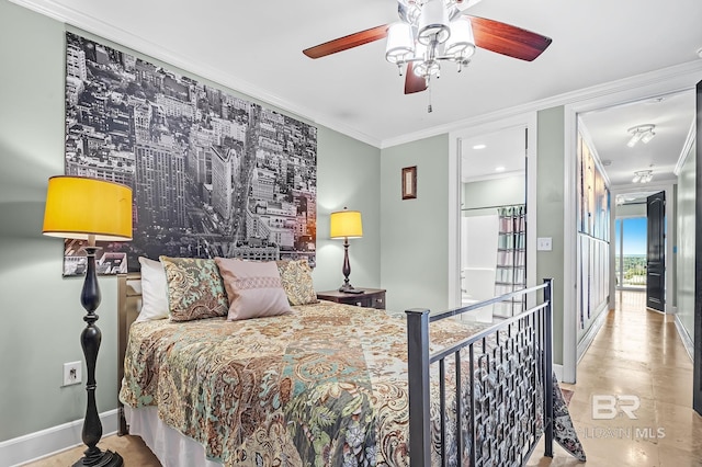 bedroom with baseboards, ornamental molding, and ceiling fan