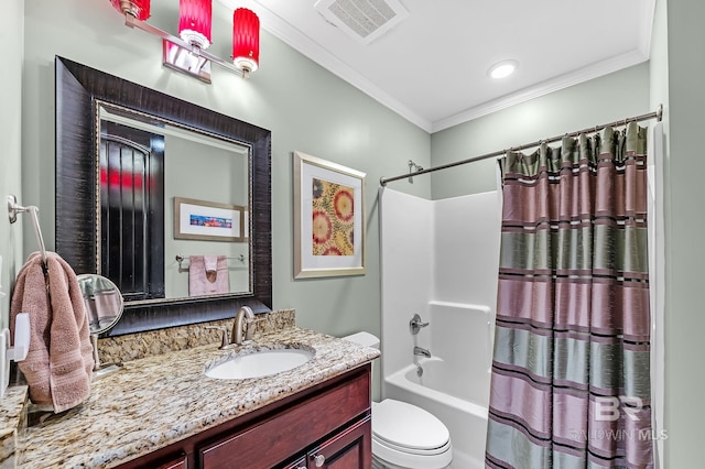 bathroom featuring visible vents, toilet, vanity, shower / bath combination with curtain, and crown molding