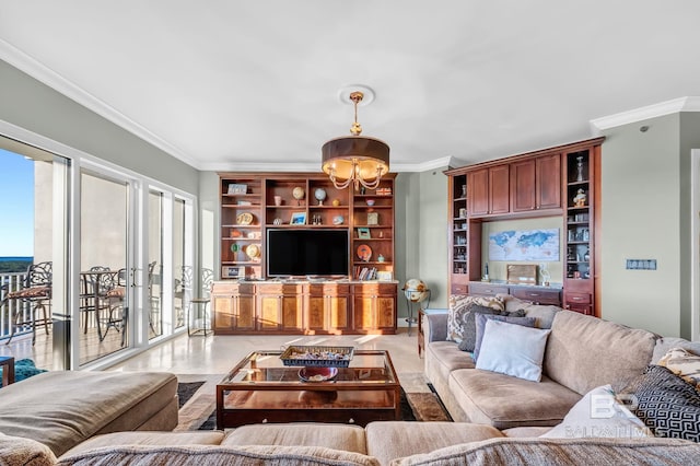 living area featuring ornamental molding and a notable chandelier