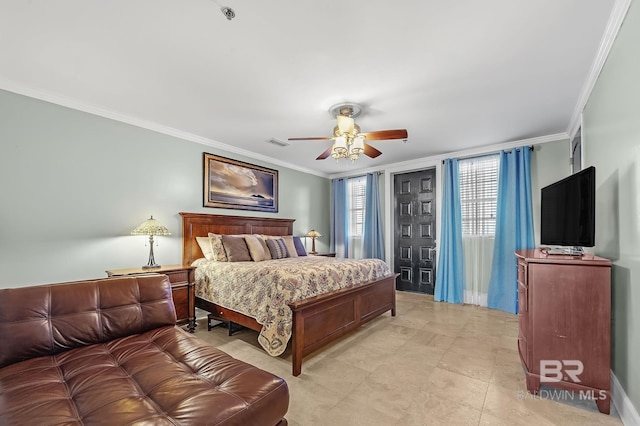 bedroom with ornamental molding, visible vents, and a ceiling fan