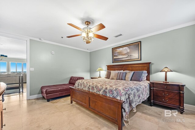 bedroom with baseboards, visible vents, and ornamental molding