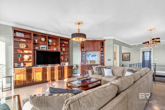 living area featuring an inviting chandelier, baseboards, and ornamental molding