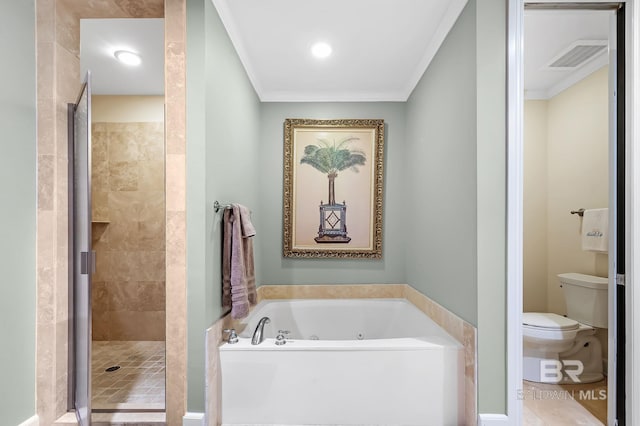 full bath with visible vents, toilet, a whirlpool tub, crown molding, and a shower stall