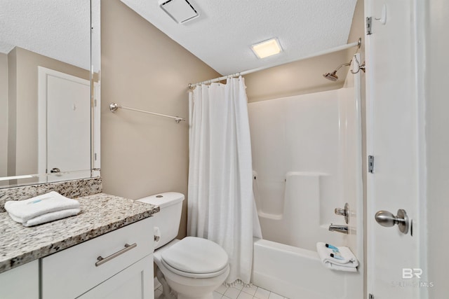 24720 Perdido Beach Blvd Unit 504, Orange Beach, AL 36561 - bathroom with toilet, vanity, a textured ceiling, shower / bath combo, and tile patterned flooring