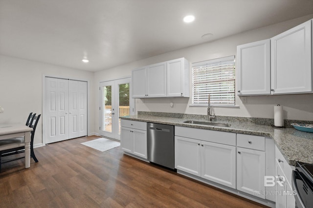 169 Buena Vista Dr, Daphne, AL 36526 - kitchen with stainless steel appliances, a sink, recessed lighting, white cabinets, and light stone counters