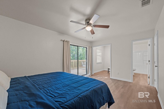 169 Buena Vista Dr, Daphne, AL 36526 - bedroom featuring access to exterior, light wood-style floors, baseboards, ceiling fan, and connected bathroom