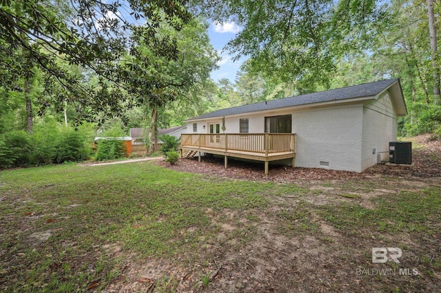 169 Buena Vista Dr, Daphne, AL 36526 - back of property featuring crawl space, central AC, a deck, and brick siding