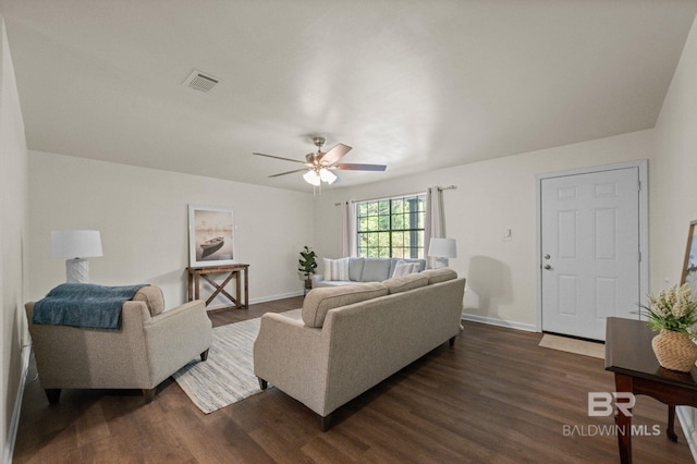 169 Buena Vista Dr, Daphne, AL 36526 - living room with ceiling fan, dark wood finished floors, and baseboards