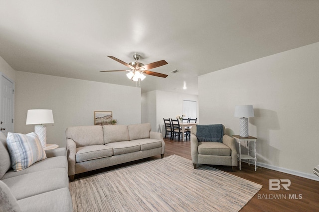 169 Buena Vista Dr, Daphne, AL 36526 - living room with wood finished floors, a ceiling fan, and baseboards
