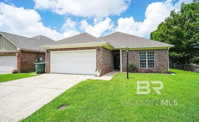 ranch-style house featuring a garage and a front lawn