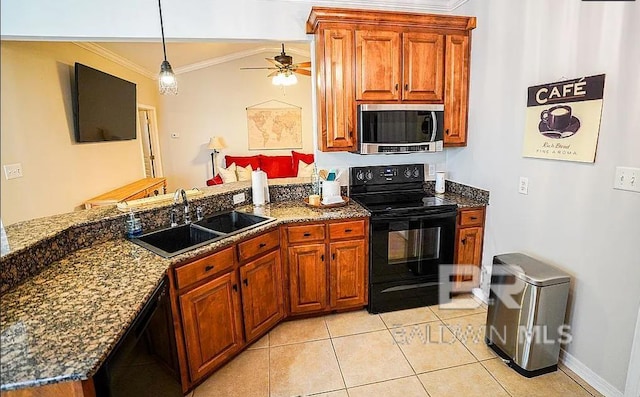 kitchen featuring light tile patterned floors, crown molding, sink, black appliances, and ceiling fan