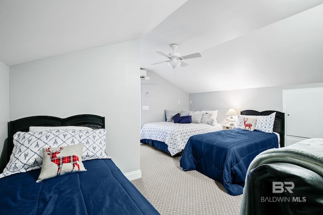 carpeted bedroom featuring ceiling fan and lofted ceiling