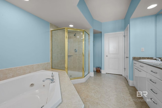 28103 Perdido Beach Blvd Unit B 516, Orange Beach, AL 36561 - bathroom with a shower stall, vanity, a whirlpool tub, and recessed lighting