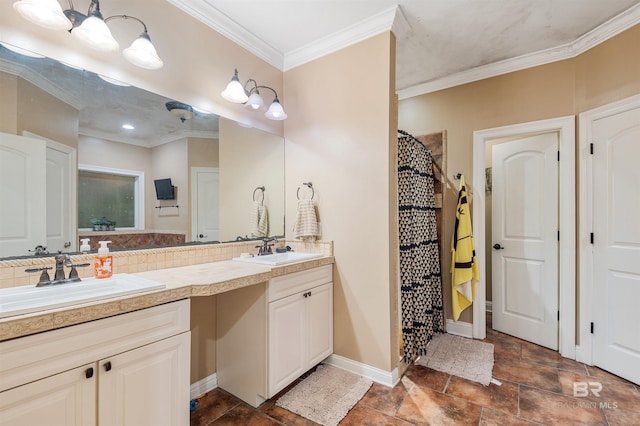 3340 Deer Track Dr, Semmes, AL 36575 - full bathroom featuring double vanity, crown molding, stone finish flooring, a shower with curtain, and backsplash
