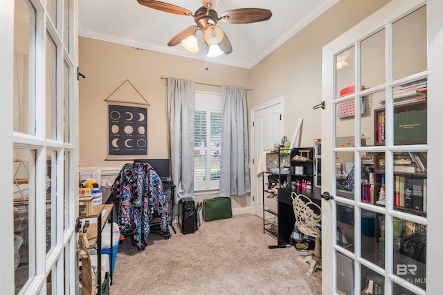 3340 Deer Track Dr, Semmes, AL 36575 - carpeted office space with crown molding, ceiling fan, and french doors