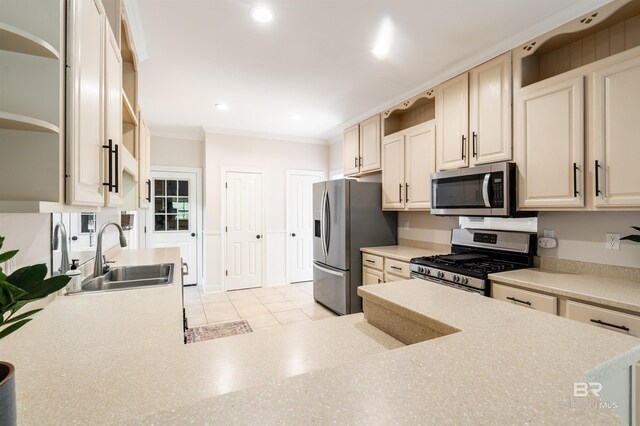 kitchen with ornamental molding, appliances with stainless steel finishes, and sink