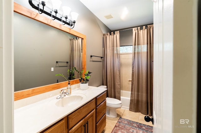 full bathroom featuring vanity, shower / tub combo with curtain, tile patterned flooring, and toilet