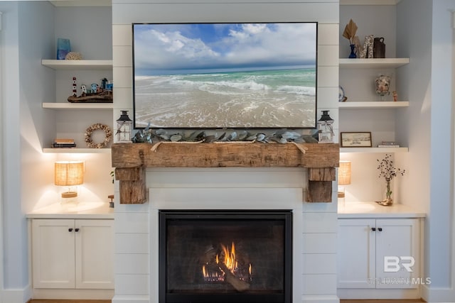 details featuring built in shelves and a warm lit fireplace