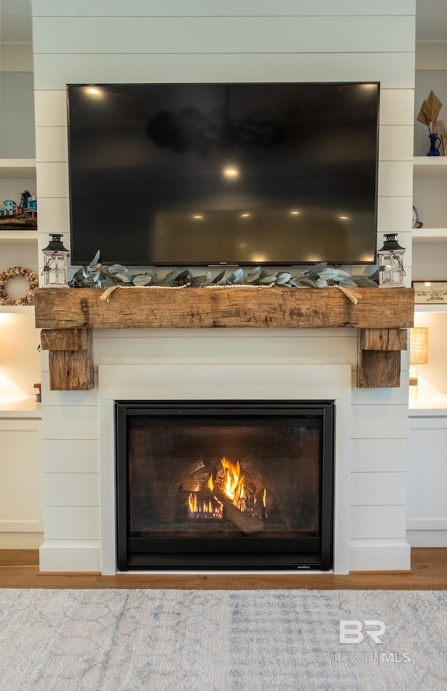 details with a glass covered fireplace