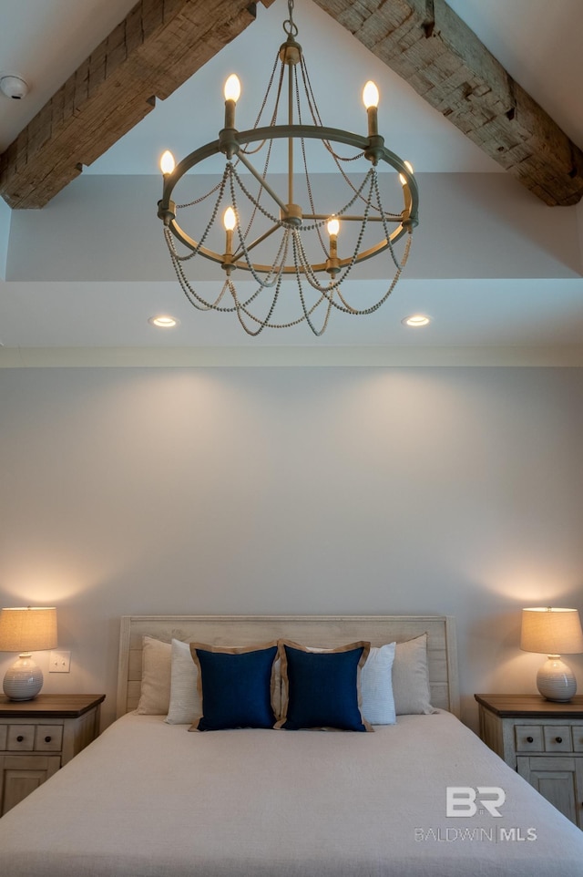 bedroom with beamed ceiling and a towering ceiling