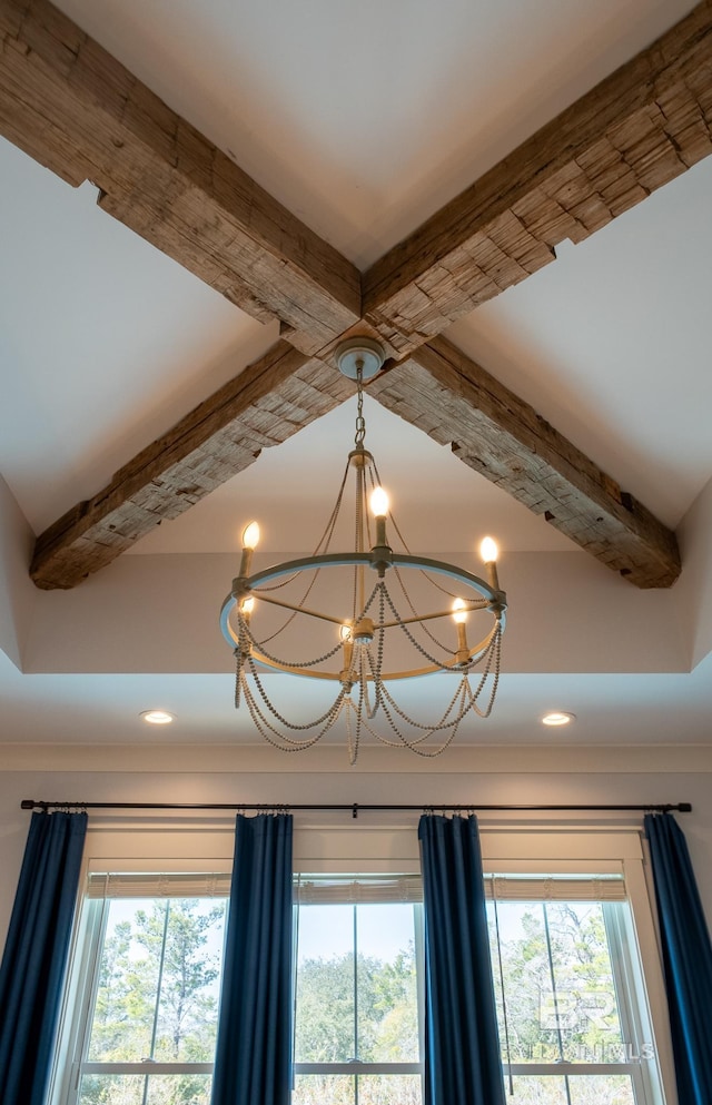 interior details featuring an inviting chandelier, beam ceiling, and recessed lighting