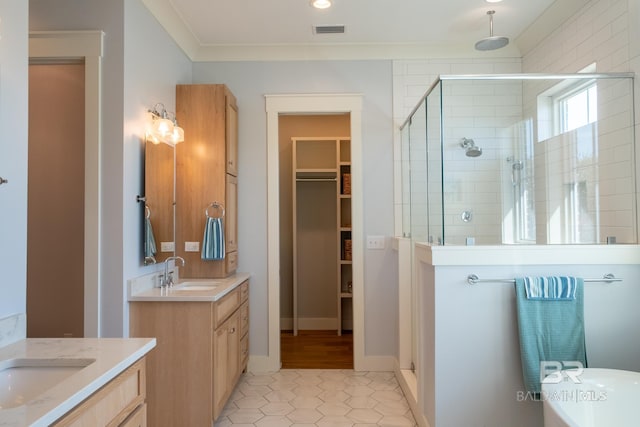 bathroom featuring a stall shower, visible vents, a sink, crown molding, and two vanities