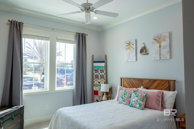 bedroom with a ceiling fan, recessed lighting, and baseboards