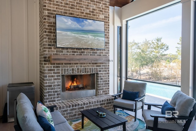 living room featuring a fireplace