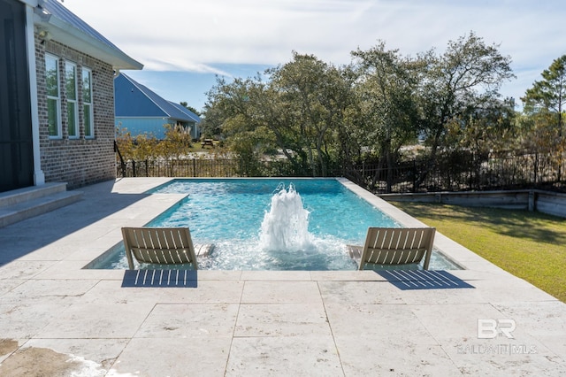 view of swimming pool featuring a fenced backyard, a fenced in pool, and a patio