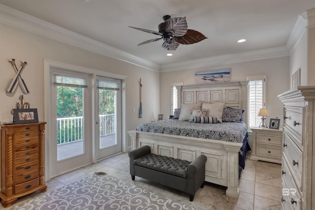 4209 Antigua Ct, Orange Beach, AL 36561 - bedroom featuring access to exterior, ceiling fan, recessed lighting, and crown molding