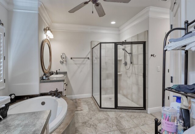 4209 Antigua Ct, Orange Beach, AL 36561 - bathroom with ornamental molding, baseboards, a shower stall, a garden tub, and ceiling fan